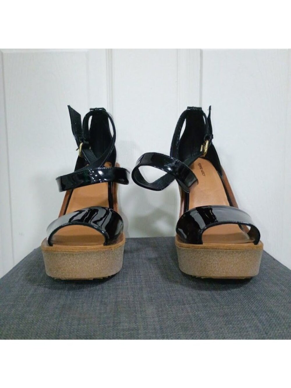 Pierre Hardy Black Patent Leather Wedge Sandals Size 40 Cork Sole Strappy Design - Picture 2 of 6